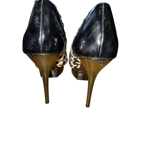BEBE Black White Houndstooth Platform Peep Toe Pump Studded Size 10‎ Stilettos - Picture 4 of 10